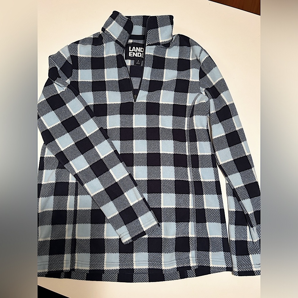 LANDS’ END Fleece Pull Over Zip Up Jacket Blue Navy Checker Small 4-6
